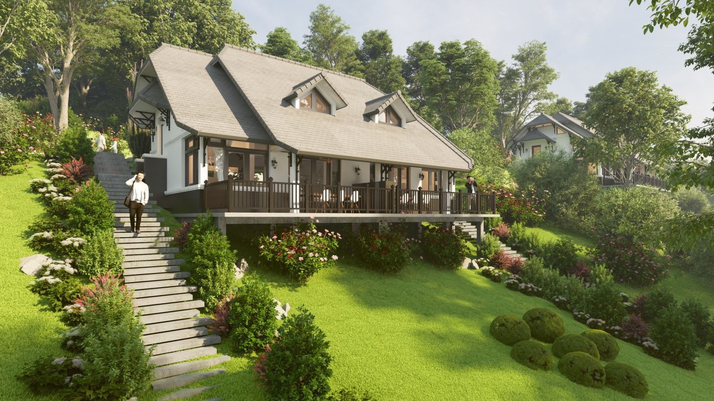 Phối cảnh dự án tại Ponarama Hills được thiết kế theo phong cách Châu Âu, bao bọc bởi cây xanh che phủ.