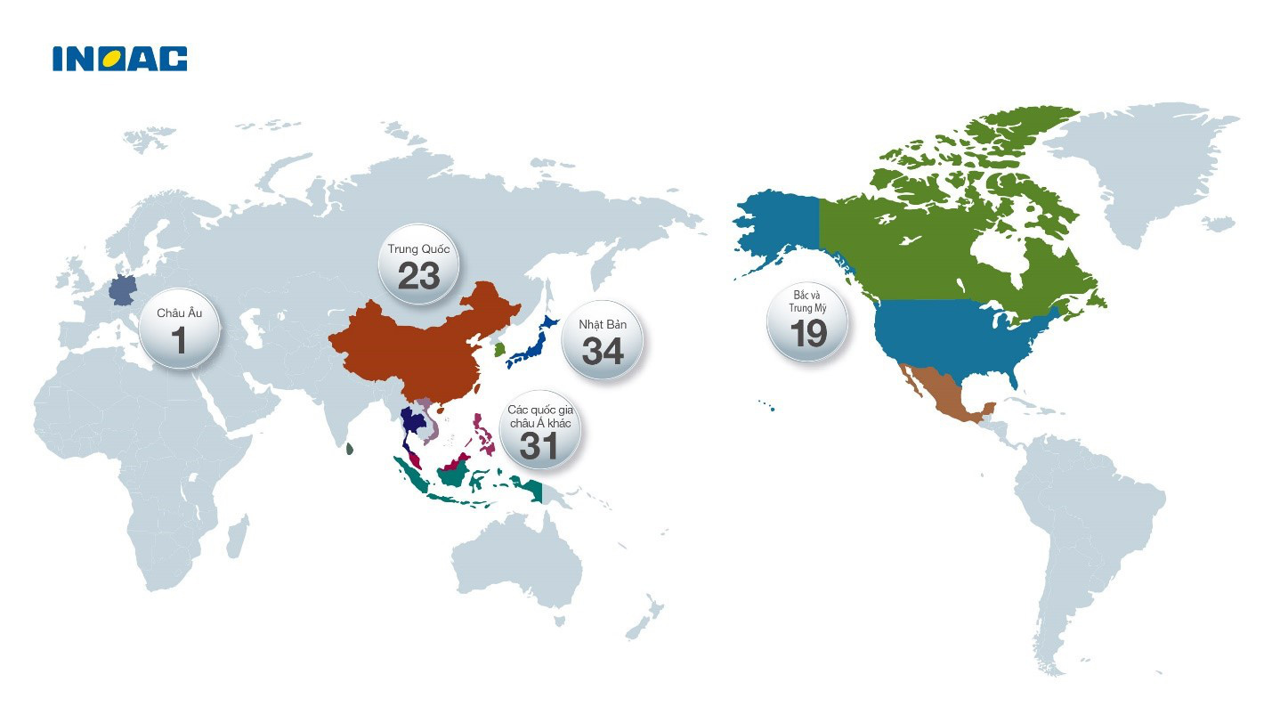 Với mục đích chuẩn hóa chất lượng Nhật Bản trong các sản phẩm, Tập đoàn INOAC sở hữu mạng lưới nhà máy và trung tâm nghiên cứu trên khắp thế giới.