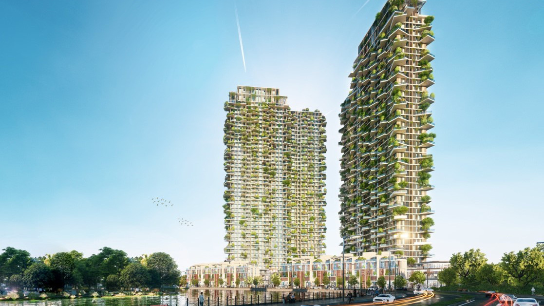 Hai toà tháp Solforest của Ecopark được phát triển theo mô hình Vertical Forest (rừng thẳng đứng).