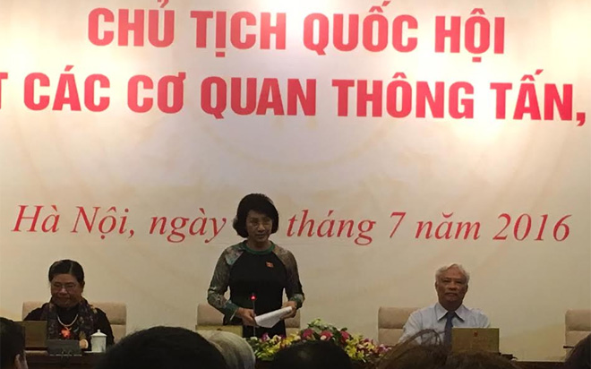 Chủ tịch Quốc hội Nguyễn Thị Kim Ngân tại buổi gặp mặt các cơ quan thông tấn báo chí, sáng 23/7.<br><b></b>
