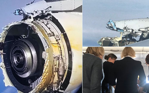 Ảnh do hành khách chụp và đưa lên mạng xã hội Twitter cho thấy một động cơ của chiếc máy bay A380 bị hư hỏng nặng.<br>