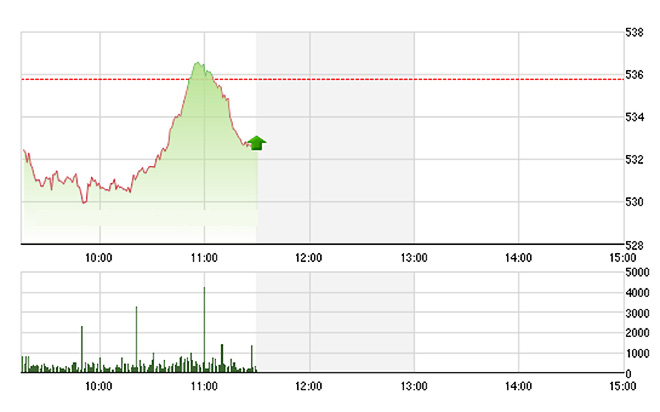 VN-Index rơi trở lại về cuối phiên sáng nay khi các blue-chips không giữ được sức mạnh - Ảnh: TVSI.<br>