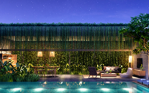 The Coast Villas đặc biệt chú trọng đến sự bền vững bằng việc sử dụng 
vật liệu tự nhiên, cây xanh Cúc Tần Ấn Độ phủ khắp mái nhà, gỗ tông màu 
trầm.