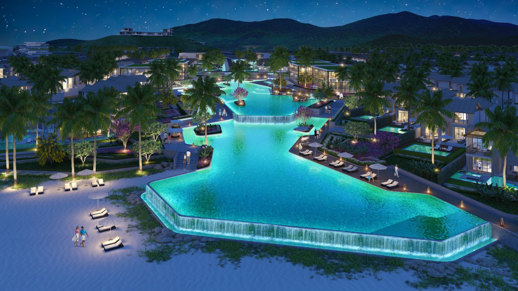 Phối cảnh bể bơi tràn bờ trong nội khu dự án Sun Premier Village Kem Beach Resort.
