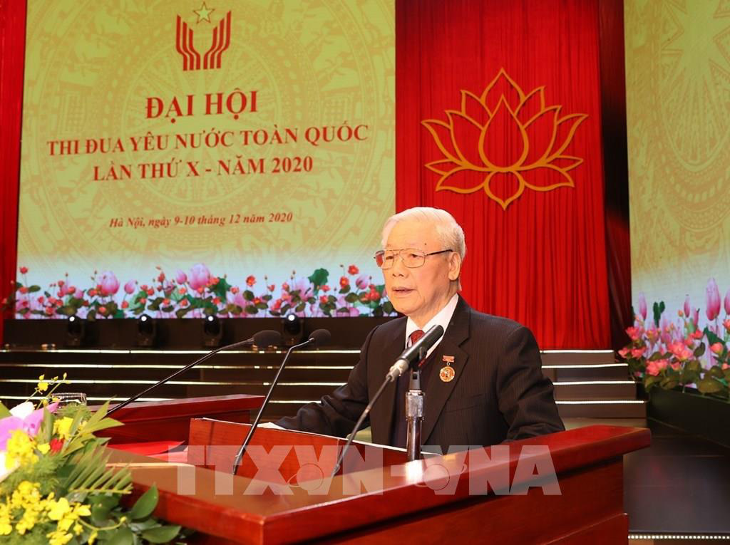 Phát biểu chào mừng Đại hội, Tổng Bí thư, Chủ tịch nước Nguyễn Phú Trọng yêu cầu trong thời gian tới, phong trào thi đua yêu nước cần cổ vũ các bộ, ban, ngành, địa phương và nhân dân cả nước vượt qua mọi khó khăn, thách thức, tận dụng tốt các cơ hội, đưa đất nước tiếp tục vươn lên mạnh mẽ, ngày càng phát triển. “Đất nước ta chưa bao giờ có được cơ đồ, tiềm lực, vị thế và uy tín quốc tế như ngày nay”, Tổng Bí thư, Chủ tịch nước nhấn mạnh - Ảnh: TTXVN