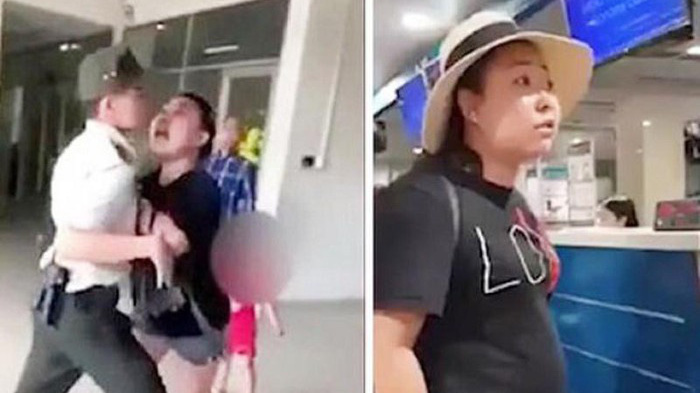 Hình ảnh phản cảm của nữ Đại úy Lê Thị Hiền tại sân bay Tân Sơn Nhất hôm 23/8.