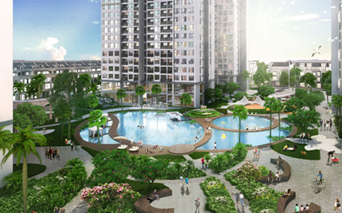 Bể bơi ngoài trời tại dự án Vinhomes Gardenia.