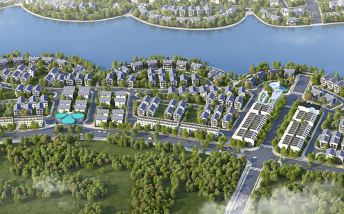 Toàn cảnh khu biệt thự sinh thái Vinhomes Thăng Long với 10 ha hồ điều hòa và hệ thống cảnh quan, vườn bốn mùa, bể bơi...<br>