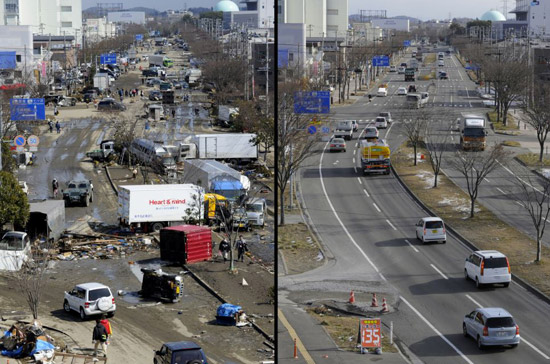 Một hình ảnh so sánh trước và sau khi Nhật Bản hồi sinh từ thảm họa kép tháng 3/2011 - Ảnh: DailyMail.