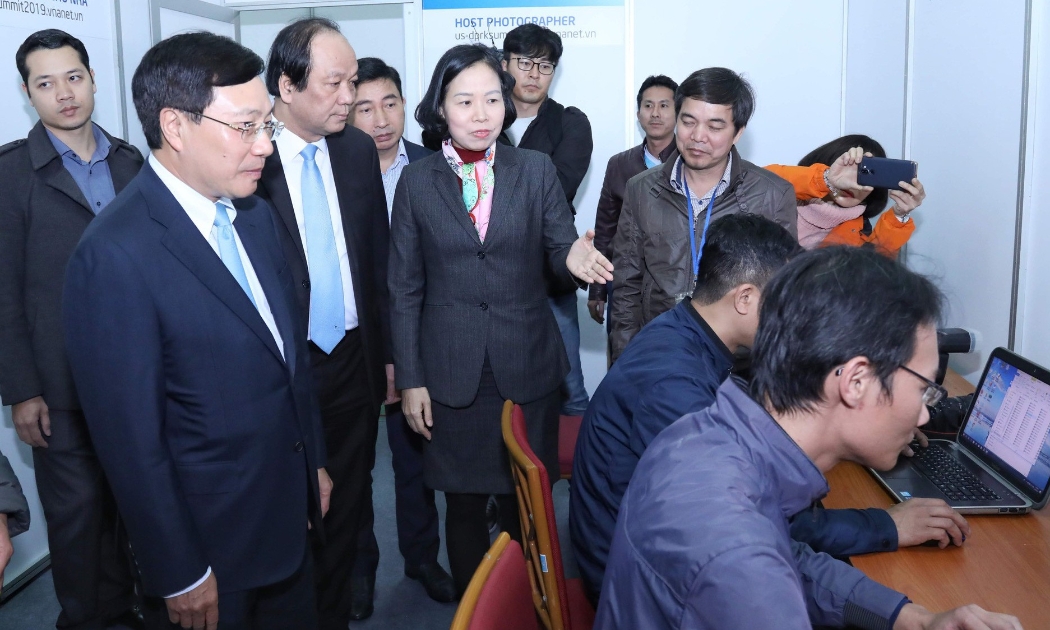 Phó thủ tướng Phạm Bình Minh thị sát trung tâm báo chí Quốc tế Hội nghị thượng đỉnh Mỹ- Triều Tiên lần thứ 2 tại Hà Nội - Ảnh: CTV