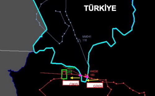 Ảnh radar do Thổ Nhĩ Kỳ cung cấp, nhằm chứng minh máy bay của Nga đã xâm phạm không phận. Theo cơ quan truyền thông nhà nước Thổ Nhĩ Kỳ, Anadolu Agency, chiếc Su-24 của Nga đã cố tình xâm phạm không phận, dù Thổ Nhĩ Kỳ đã phát đi tín hiệu cảnh báo 10 lần trong vòng 5 phút - Ảnh: Bloomberg.<br>