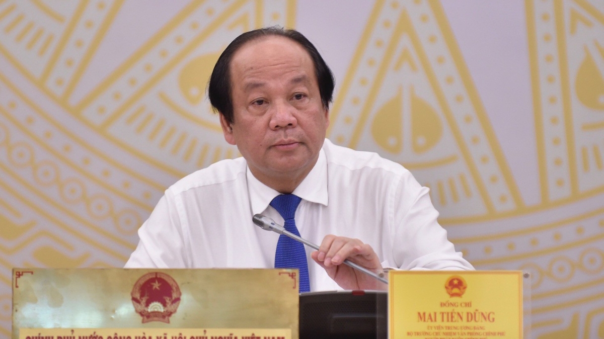 Bộ trưởng - Chủ nhiệm Văn phòng Chính phủ Mai Tiến Dũng chủ trì cuộc họp báo Chính phủ thường kỳ.