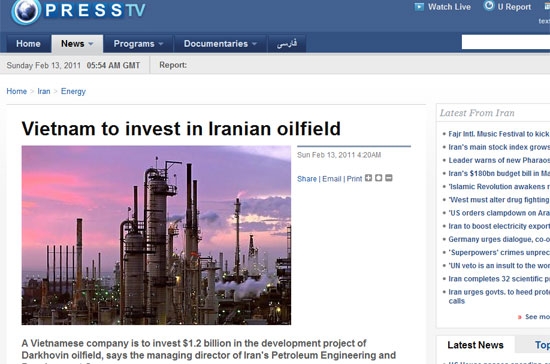Bản tin về việc "Việt Nam đầu tư vào mỏ dầu ở Iran" trên một website tin tức của nước này.