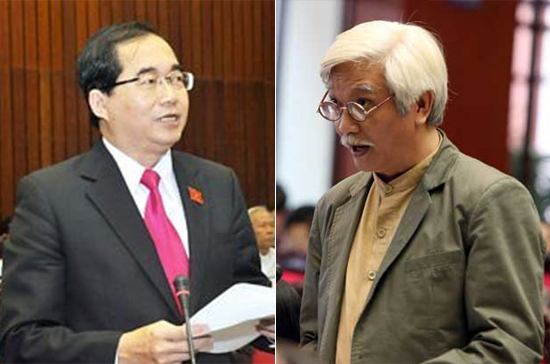 Đại biểu Hoàng Hữu Phước (bên trái) và đại biểu Dương Trung Quốc có quan điểm trái ngược về dự án Luật Biểu tình - Ảnh: CTV.