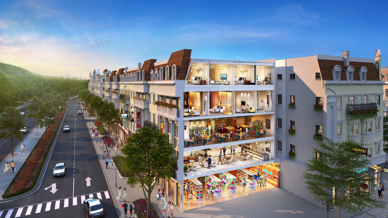 Phân khu Shophouse Europe thuộc tổ hợp nhà phố thương mại kiến trúc 5 châu Sun Plaza Grand World tại Bãi Cháy dự kiến bàn giao từ cuối năm nay.