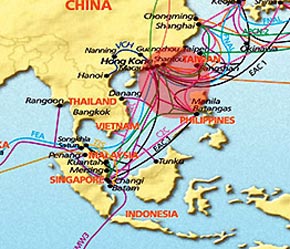 Ảnh mô tả khu vực cáp quang biển bị đứt năm 2006 - khu vực khoanh màu đỏ.