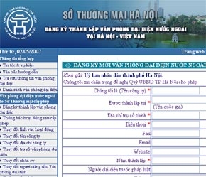 Mẫu đăng ký cấp phép văn phòng đại diện nước ngoài trên mạng của Sở Thương mại Hà Nội.