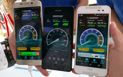 <font face="Arial, Verdana"><span style="font-size: 13.3333px;">Tốc độ 4G đo bằng speedtest trên các dòng máy và đời máy khác nhau tại buổi trại nghiệm của VinaPhone đều rất cao - Ảnh: ICTNews.</span></font>
