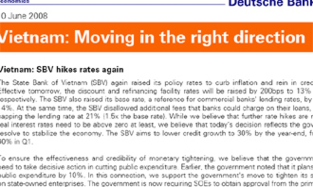 Báo cáo của Deutsche Bank mang tên “Vietnam: Moving in the right direction” (tạm dịch: “Việt Nam đang đi đúng hướng”).