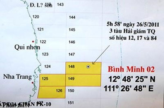 Vị trí tàu địa chấn Bình Minh 02 bị ba tàu hải giám Trung Quốc phá hoại - Ảnh: TTXVN.
