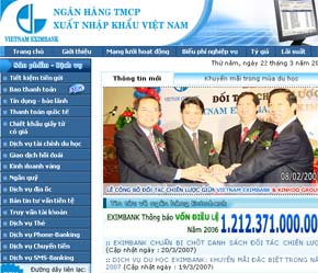 Trang chủ của Eximbank.