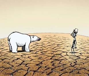 Một tranh biếm họa về tình trạng biến đổi khí hậu toàn cầu, vấn đề đã trở thành trọng tâm trong tất cả các hoạt động của IFC và nhóm Ngân hàng Thế giới.