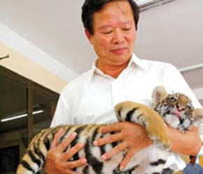 Ông Ngô Duy Tân và một chú cọp nhỏ.