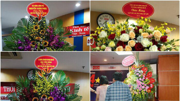 Lẵng hoa chúc mừng Thời báo Kinh tế Việt Nam nhân Ngày báo chí Cách mạng của Thủ tướng Nguyễn Xuân Phúc, Phó thủ tướng Vương Đình Huệ, Bộ trưởng - Chủ nhiệm Văn phòng Chính phủ Mai Tiến Dũng, Bộ trưởng Bộ Thông tin và Truyền thông Nguyễn Mạnh Hùng.
