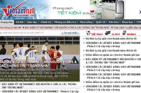 Ảnh chụp trang chủ của VietNamNet lúc 8h40 sáng 6/12.