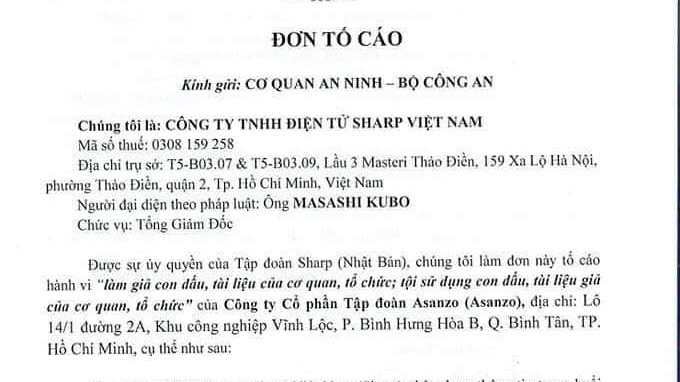Sharp đề nghị Bộ Công an xem xét hành vi Asanzo làm giả mạo hồ sơ tài liệu và giải quyết nghiêm theo đúng quy định của pháp luật.