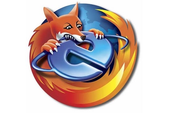 Hình minh họa vui về hai biểu tượng của Firefox và IE. Thị phần của Firefox đang tiếp tục tăng lên, trong khi thị phần của IE không ngừng giảm xuống.