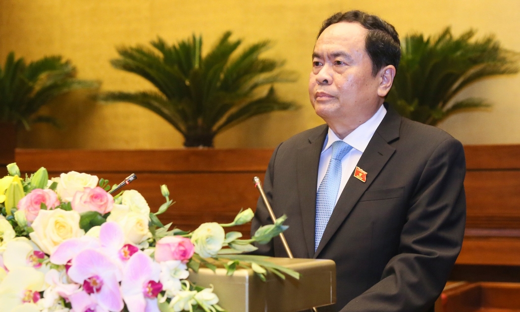 Chủ tịch Ủy ban Trung ương Mặt trận Tổ quốc Việt Nam Trần Thanh Mẫn trình bày báo cáo tổng hợp ý kiến, kiến nghị của cử tri và Nhân dân gửi đến kỳ họp