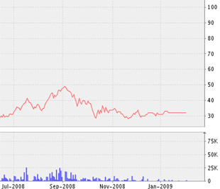 Lãi cơ bản trên mỗi cổ phiếu (EPS) năm 2008 của VDL đạt 8.139 đồng - Biểu đồ diến biến giá cổ phiếu VDL từ tháng 7/2008 đến nay - Nguồn ảnh: VNDS.