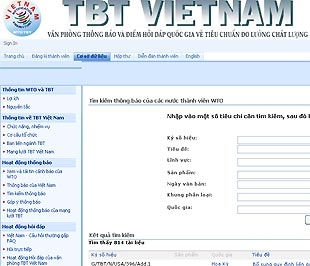 Giao diện tìm kiếm thông tin về hàng rào kỹ thuật thương mại WTO tại cơ sở dữ liệu Notify TBT Vietnam - Ảnh chụp màn hình.