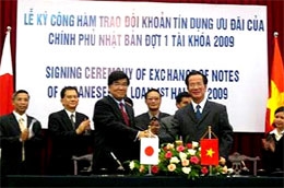 Đại sứ Nhật Bản tại Việt Nam Mitsuo Sakaba và Bộ trưởng Bộ Kế hoạch và Đầu tư Võ Hồng Phúc tại lễ ký công hàm trao đổi.