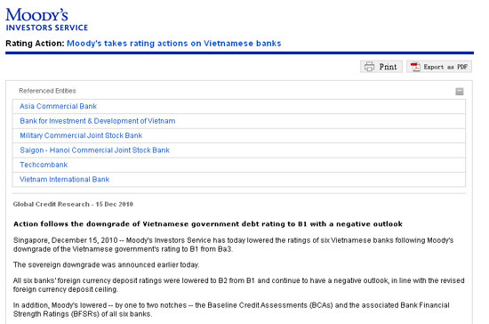 Thông tin liên quan được Moody's công bố trong ngày 15/12.