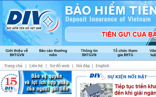 Một góc trang web của Bảo hiểm Tiền gửi Việt Nam.