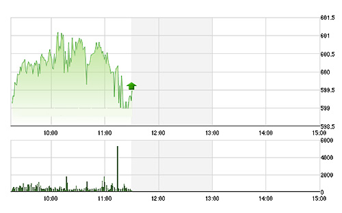 VN-Index trồi sụt liên miên quanh ngưỡng 600 điểm trong sáng nay mà không bứt phá nổi - Ảnh: TVSI.