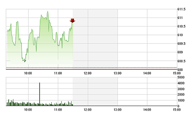 VN-Index biến động rất nhiều trong sáng nay và khá vất vả quanh ngưỡng 610 điểm - Ảnh: TVSI.