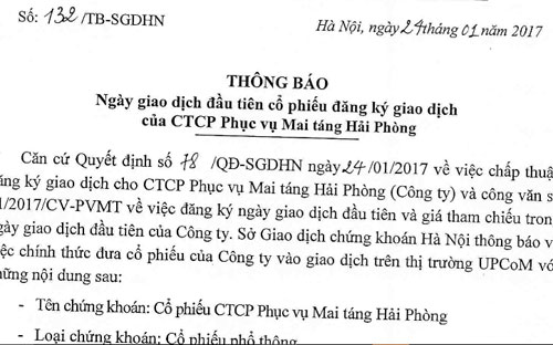 Quyết định niêm yết cổ phiếu CPH trên sàn UPCoM.<br>