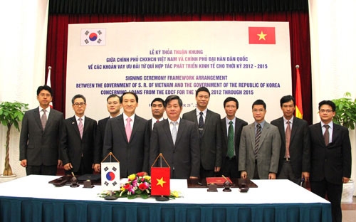 Bộ trưởng Bộ Kế hoạch và Đầu tư Bùi Quang Vinh và Đại sứ Hàn Quốc tại Việt Nam Ha Chan Ho tại lễ ký kết hiệp định khung.<br>