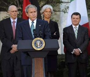 Tổng thống Mỹ George W. Bush phát biểu sau cuộc họp với các bộ trưởng tài chính và ngân hàng trung ương thuộc nhóm G7 tại Washington - Ảnh: Reuters.