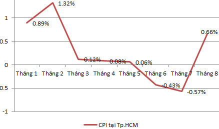 Diễn biến chỉ số giá tiêu dùng tại Tp.HCM qua các tháng.