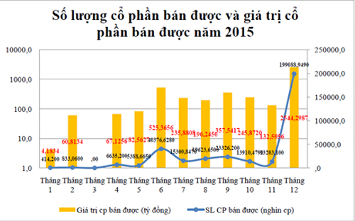 Biểu đồ số lượng cổ phần và giá trị bán được năm 2015.<br>