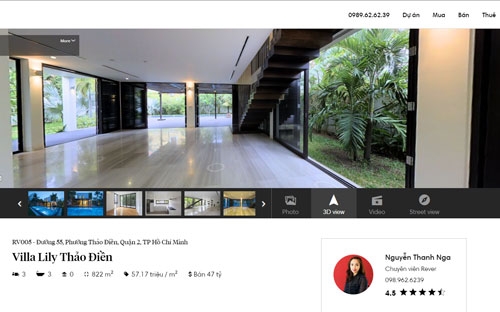 Giao diện trang web của hệ thống giao dịch bất động sản 3D.