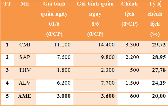 Những cổ phiếu tăng mạnh nhất trên HNX tuần từ 4-8/6/2012 - Nguồn: HNX, VnEconomy.