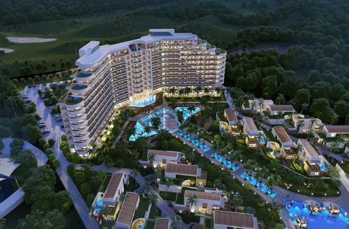Nằm ở mạn bắc resort The Grand, dự án Kahuna Hồ Tràm Strip cao 12 tầng có tổng cộng 244 phòng.
