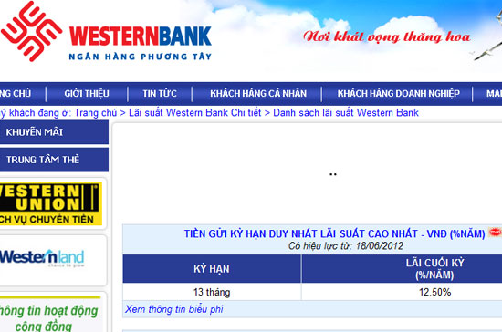 Biểu lãi suất 12,5%/năm áp dụng cho kỳ hạn 13 tháng của Western Bank sáng 18/6.