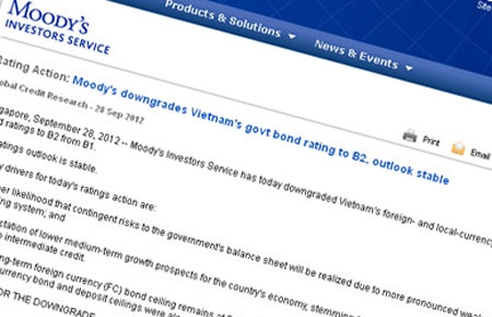 Ngày 28/9, Moody’s công bố, điểm tín nhiệm trái phiếu do Chính phủ Việt Nam phát hành bằng ngoại tệ và nội tệ bị tổ chức này hạ về mức ‘B2’ từ mức ‘B1’ trước đó.