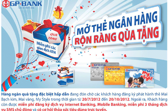 Sản phẩm thẻ ghi nợ nội địa của GP.Bank bao gồm thẻ Mai, thẻ Trúc, thẻ My Style được chấp nhận thanh toán tại hơn 11.000 ATM và 50.000 POS của các ngân hàng thành viên trực thuộc 2 liên minh thẻ Smartlink và Banknet.